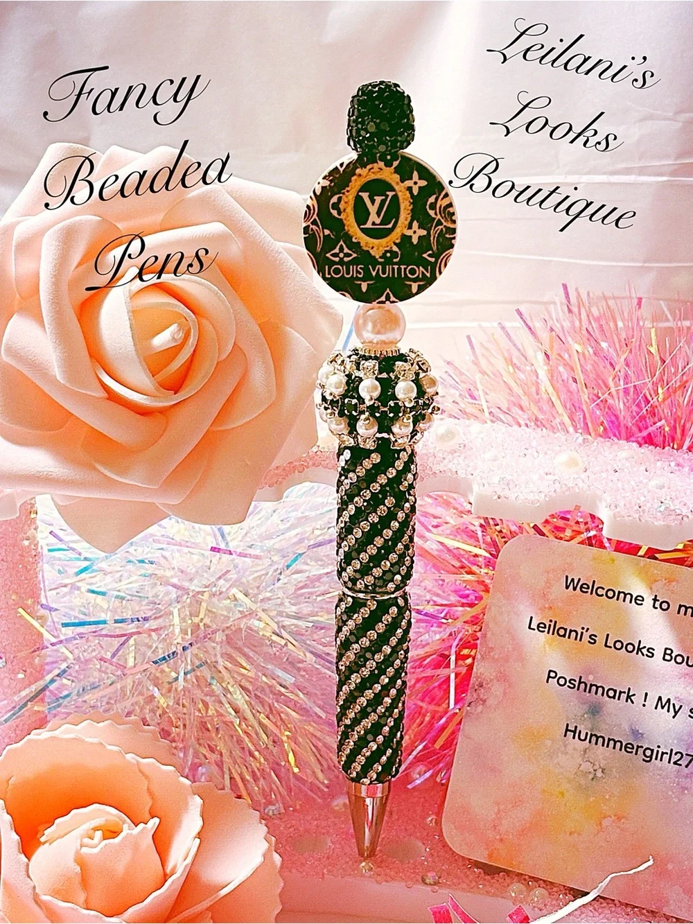 Fancy beaded Pen/gifts/floral circle/black beads/girly